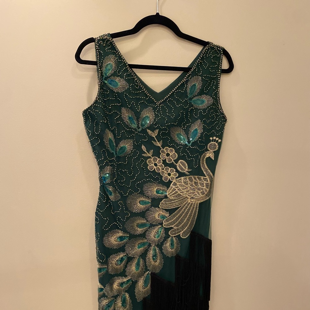 Flapper Dress with Peacock / Black tassels. Gold beaded detail & green sequins.